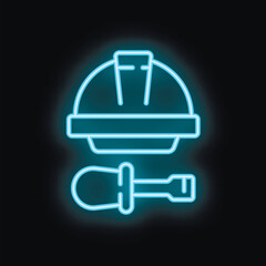 Fototapeta premium Blue neon sign depicting a construction hard hat and screwdriver, glowing on a black background