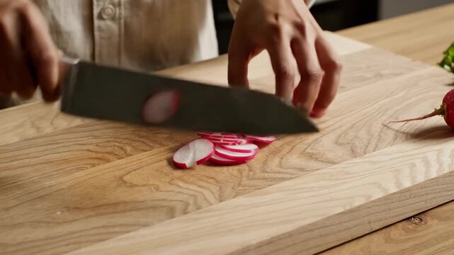 Chef skillfully slicing fresh radishes on a wooden cutting board in kitchen.