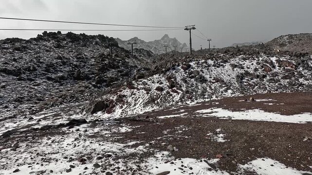 Scenic cable car on a volcanic mountain with panoramic views of the alpine landscape in Tongariro National Park, New Zealand