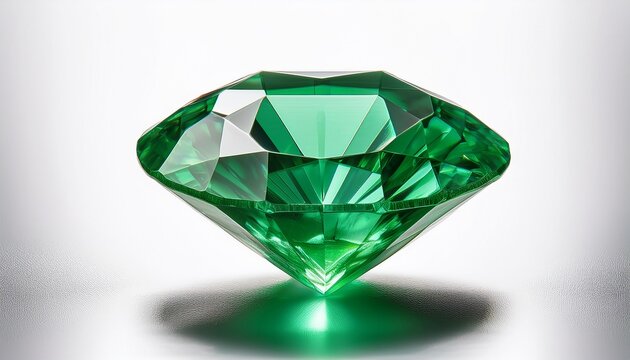 a sparkling green emerald cut in a diamond shape showcasing its brilliance and intricate facets isolated on white background