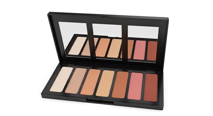 Makeup palette with eight shades of foundation and blush products on white background studio