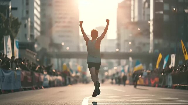 A young runner crosses the marathon finish line with arms raised in triumph set against an urban street course