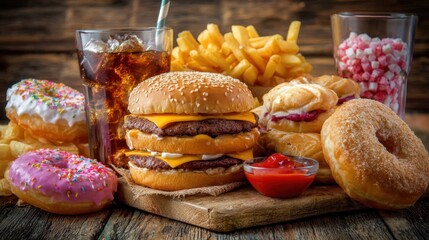 Indulgent fast food feast with burgers, fries, donuts, and soda.