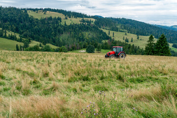 A red farm tractor mowing thistles in a lush, grassy meadow with wildflowers, surrounded by forested hills and a mountain panorama under an overcast sky