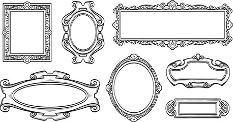 Collection of decorative vintage frames with elegant ornamental details, isolated on white. Hand drawn engraving illustration.