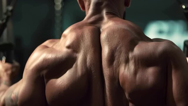 Close up of a muscular back during a lat pulldown showcasing detailed muscle definition and anatomical features