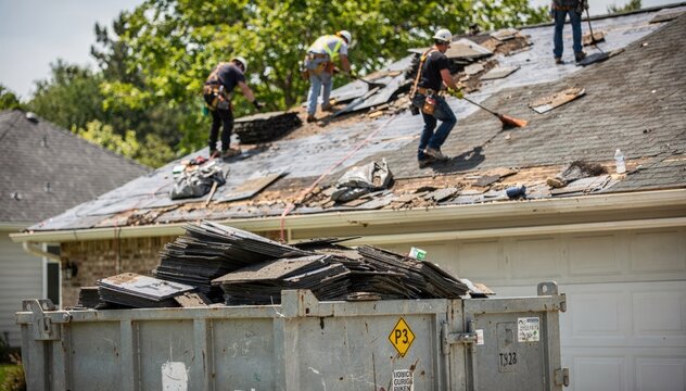Roofing crew clearing old shingles from a sloped roof with a large dumpster parked on the driveway emphasizing debris management and organized cleanup during renovation.