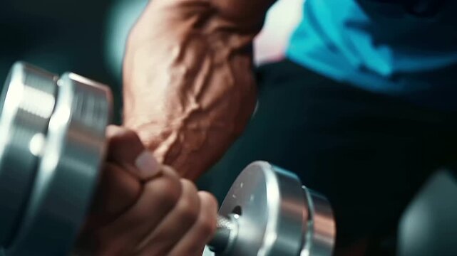Close up of hands gripping a dumbbell during a bicep curl showcasing muscle tension and engagement set in a wei fe044d26 2