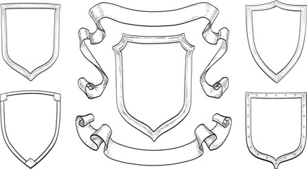 Collection of hand-drawn heraldic shield frames with ribbon banners for medieval or retro design. Isolated ink sketches. Vintage engraving illustration.