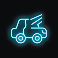 Blue neon sign depicting a tow truck, glowing brightly against a black background