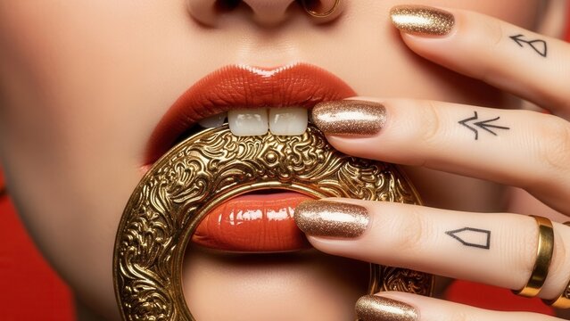 a captivating close-up showcases luscious, glossy orange-red lips seductively biting an ornate gold ring, framed by hands with sparkling gold glitter nail polish and subtle finger tattoos, exuding opu