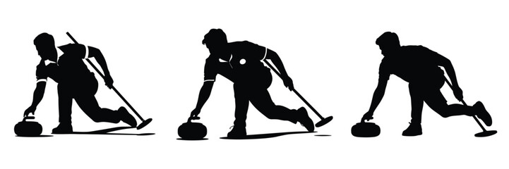 Obraz premium Silhouette of Curling Player in Action – Winter Sports Vector Illustration, Curling Athlete Sliding Stone on Ice, Teamwork and Precision Concept, Competitive Outdoor Sport Design