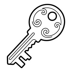 Ornamental key line art vector icon with scrollwork detail, isolated on white background for security and access concepts.