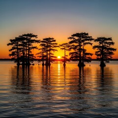 Sunset over tranquil cypress swamp with golden reflections in calm water at dusk