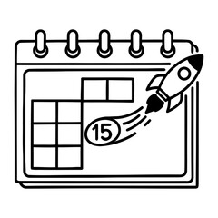 Project launch date icon showing a rocket speeding past the 15th day on a calendar, symbolizing a fast approaching deadline or scheduled event.
