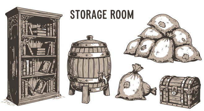 Hand drawn vintage storage room elements set with bookcase, barrel, sacks, and chest isolated PNG with Transparent Background