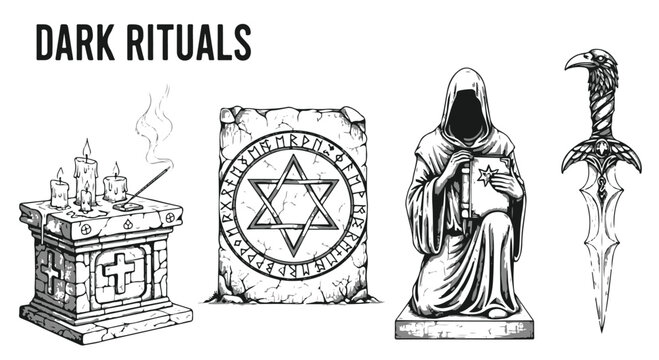 Set of 'DARK RITUALS' Hand Drawn Illustrations: Mystical Altar, Cloaked Figure, Runic Tablet, and Dagger isolated PNG with Transparent Background