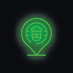 Obraz premium Neon green glowing location pin with coat of arms icon is isolated on black background