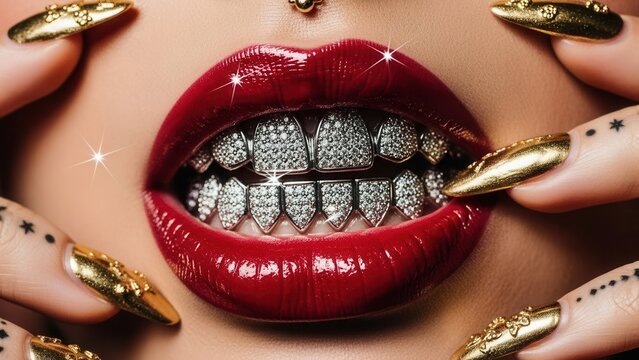 A striking close-up reveals a bold fashion statement with intensely red, glossy lips showcasing sparkling diamond grillz, framed by golden metallic fingernails adorned with delicate abstract tattoos, 