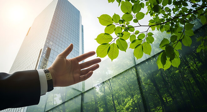 Businessman hand reaching out towards modern skyscraper integrated with lush green forest reflection