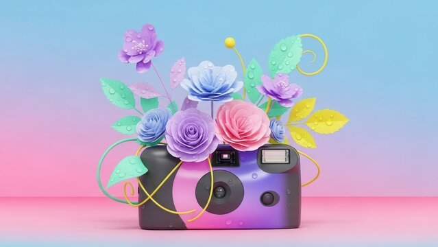 A charming 3d illustration showcases a vibrant, gradient-colored disposable camera artfully adorned with whimsical paper flowers and delicate green vines with water droplets, creating a cheerful and n