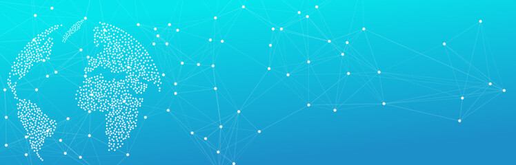 Abstract blue background features a digital world map of white dots and lines, representing global network connections, technology, and communication. © JustPrint