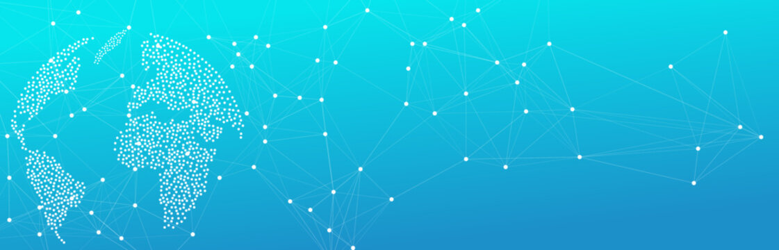 Abstract blue background features a digital world map of white dots and lines, representing global network connections, technology, and communication.