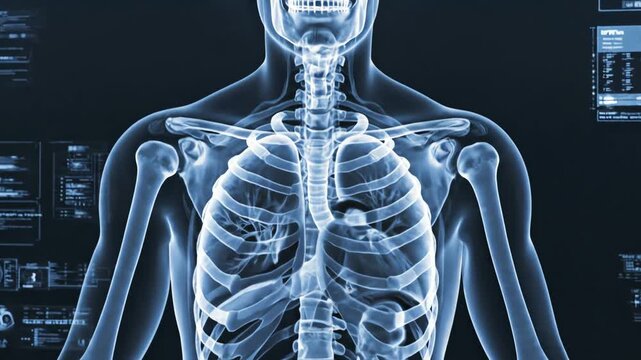A detailed x-ray image of a human skeleton from the back, showcasing the spine, ribcage, and upper limbs