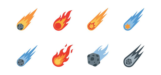 Meteorite illustrations in various colors on black background