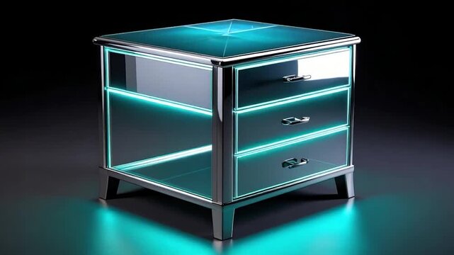 Mirrored bedside table with drawers and LED accents against a dark backdrop