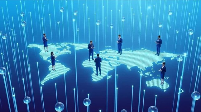 Global Business Network & Data Connectivity: Professionals Stand on Digital World Map with Glowing Lines & Spheres, Illustrating International Coll...