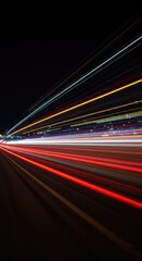Dynamic streaks of vibrant, colorful urban light trails weaving across a dark nocturnal backdrop, symbolizing high speed, motion, and technological energy ,vibrant ,nocturnal ,movement