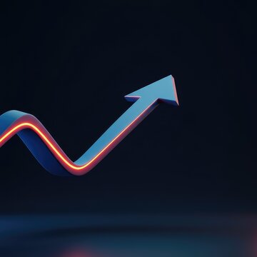 Dynamic three-dimensional arrow illustration showing a sharp upward curve representing growth, success, progress, and directional change ,curving ,development ,movement