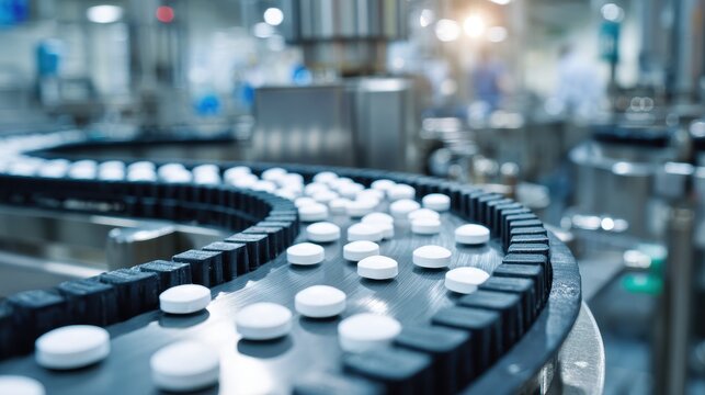 Pharmaceutical factory conveyor belt with white tablets with modern production.