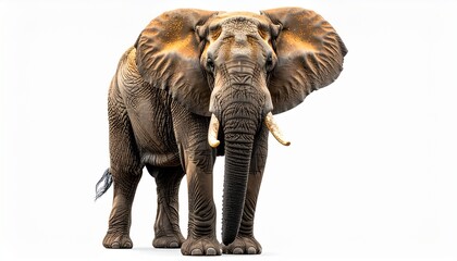 Obraz premium Majestic African Elephant Standing Tall on White Background, Showcasing its Impressive Size and Powerful Presence in a Detailed Portrait