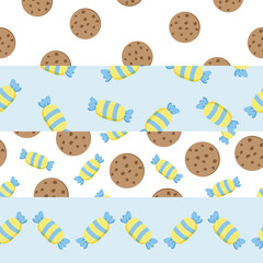 Set of decorative candy and cookie borders isolated, pastel flat illustration ribbons for sweet banner, gifts packaging and children design