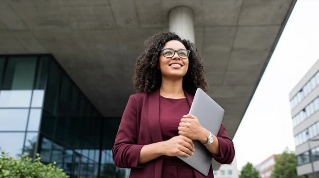 Confident Black professional woman in glasses and blazer, holding a laptop and smiling optimistically while standing outside a modern corporate bui...
