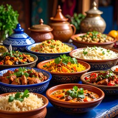 A vibrant assortment of Middle Eastern dishes arranged on a richly decorated table, showcasing diverse flavors and textures