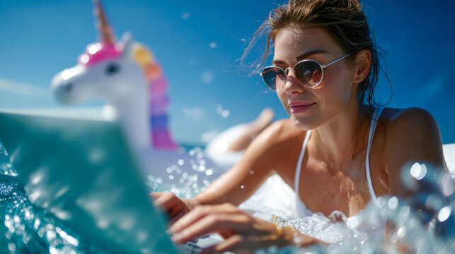 Remote work in a swimming pool with laptop on inflatable float, tropical vacation workation lifestyle