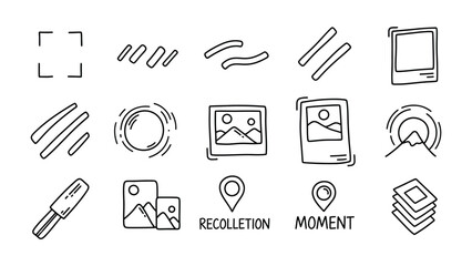 Artistic Doodle Elements: Collection of whimsical, hand-drawn design elements for creative projects, including frames, lines, and artistic illustrations.