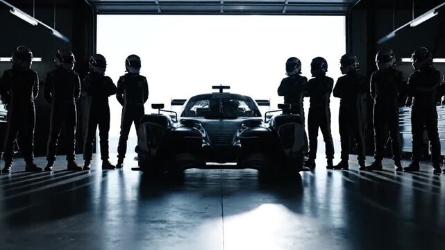 Racing Team Preparing for Competition Garage Scene.