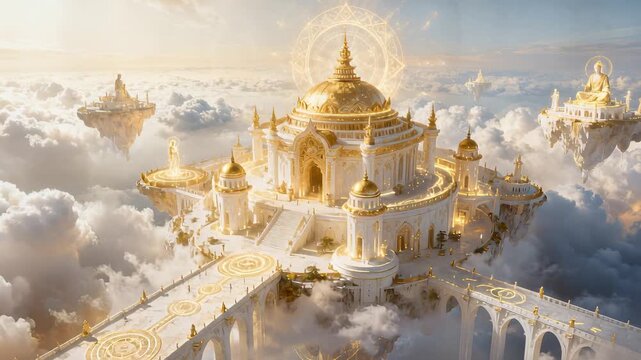 Fantasy scene with white heaven city with golden temples and energy waterfalls, floating above the sky. The realm of Gods