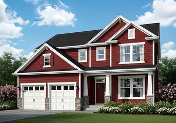 Obraz premium New Traditional American Home Exterior with Red Siding and White Trim
