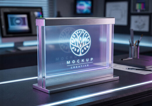 Man Finger Pushing a Glowing Blue Circular Button Logo Mockup