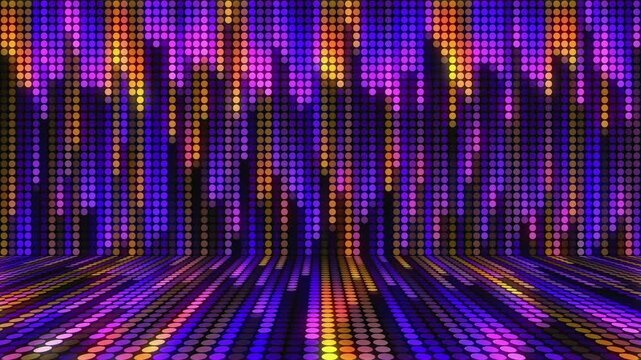 eamless VJ loop with glowing LED dots equalizer and mirror reflections for high-tech club visuals, electronic music festivals, stage screens and for LED video walls