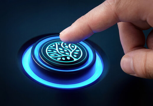 Man Finger Pushing a Glowing Blue Circular Button Logo Mockup