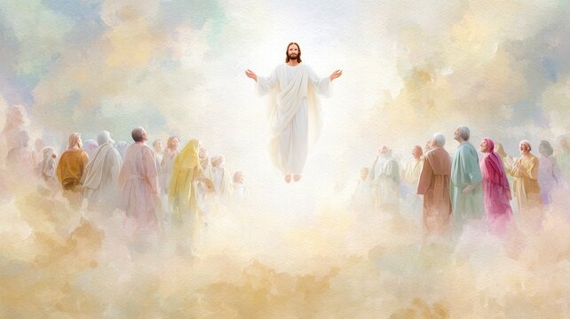 Jesus ascending into a luminous sky amidst spiritual clouds, with devoted disciples looking up in awe and faith