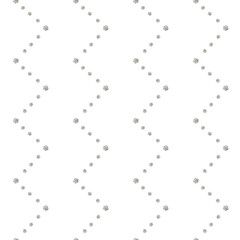 Geometric zigzag seamless pattern made from watercolor drawing of dog paw prints on an isolated white background. Repeat ornament with cartoon style grey print dog or animal footprints.