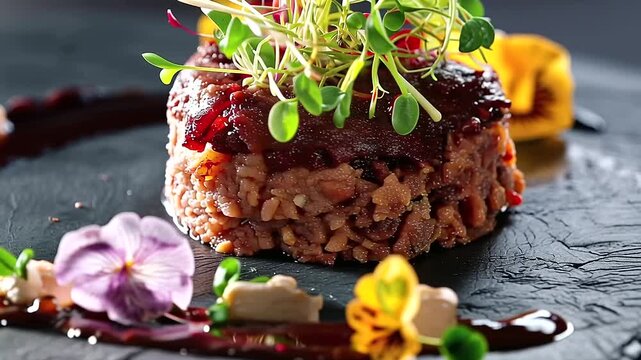 A gourmet appetizer artfully plated on a slate serving plate garnished with vibrant microgreens captured in bri