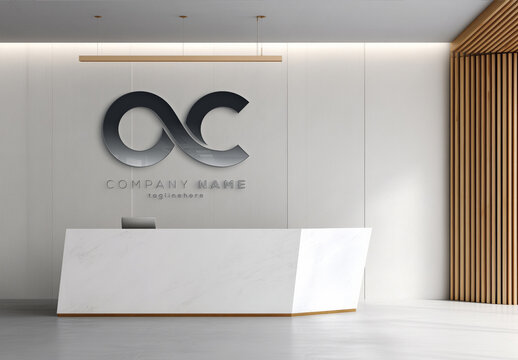 Logo On Reception Room Desk Company Wall Mockup
